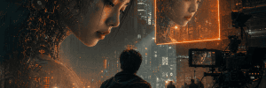 Woman's face reflected in a glowing digital screen in a high-tech cityscape.
