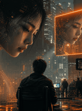 Woman's face reflected in a glowing digital screen in a high-tech cityscape.