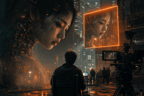 Woman's face reflected in a glowing digital screen in a high-tech cityscape.