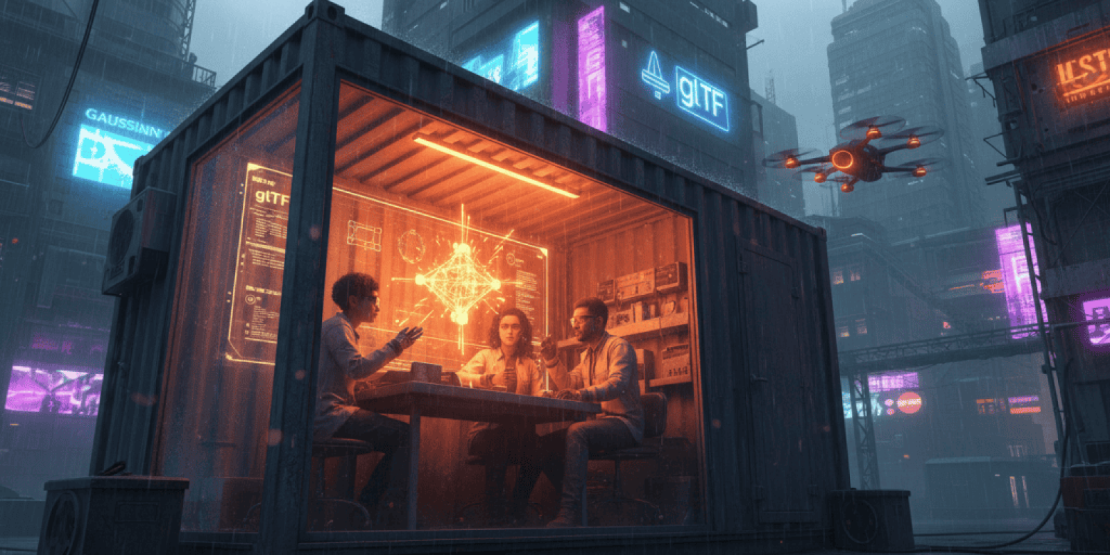 AI-powered team collaborating inside a shipping container in a cyberpunk cityscape.