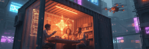 AI-powered team collaborating inside a shipping container in a cyberpunk cityscape.