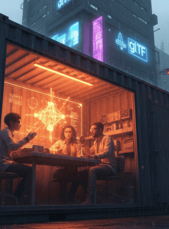 AI-powered team collaborating inside a shipping container in a cyberpunk cityscape.