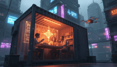 AI-powered team collaborating inside a shipping container in a cyberpunk cityscape.