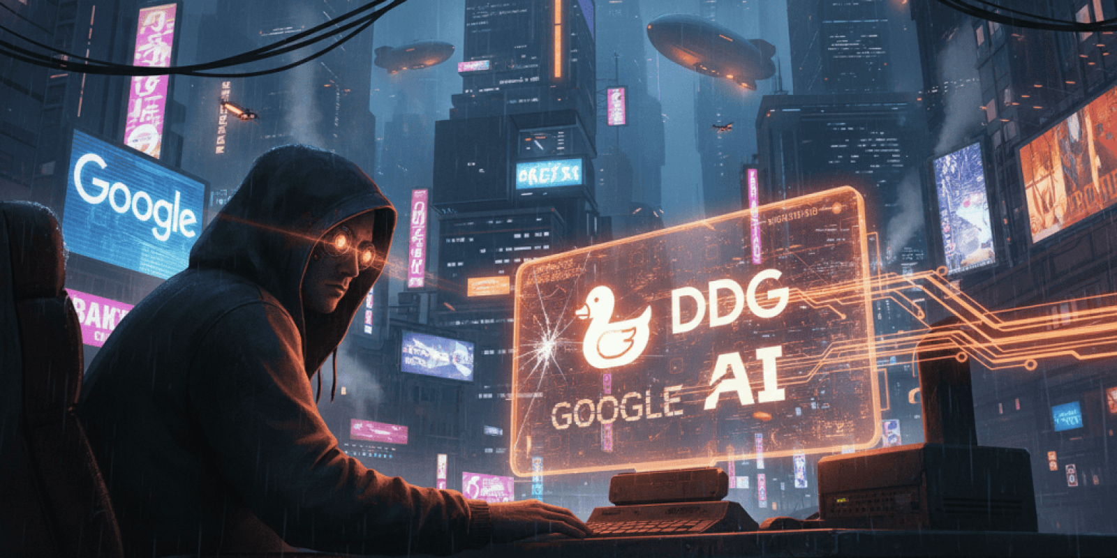 Cyberpunk city scene with AI and Google branding, futuristic technology, and a hacker.