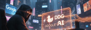 Cyberpunk city scene with AI and Google branding, futuristic technology, and a hacker.