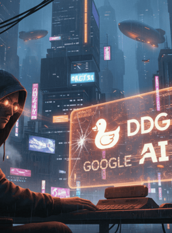 Cyberpunk city scene with AI and Google branding, futuristic technology, and a hacker.
