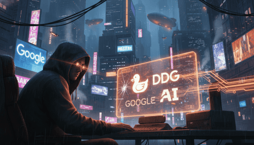 Cyberpunk city scene with AI and Google branding, futuristic technology, and a hacker.