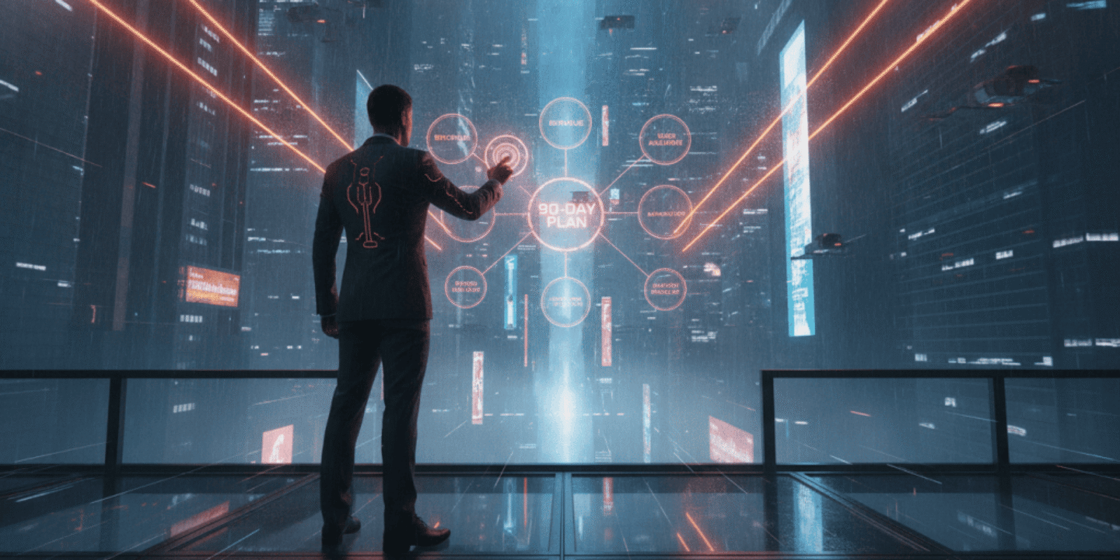 Businessman interacting with futuristic digital growth metrics in a high-tech cityscape.