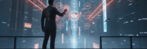 Businessman interacting with futuristic digital growth metrics in a high-tech cityscape.