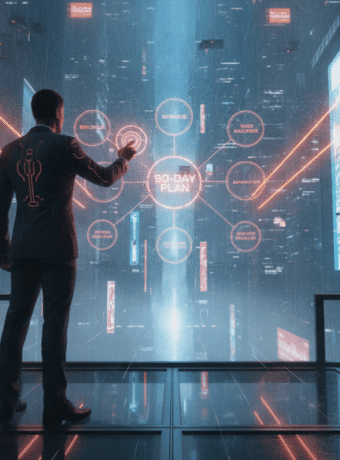 Businessman interacting with futuristic digital growth metrics in a high-tech cityscape.