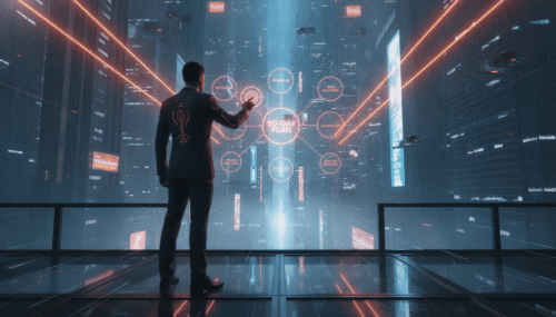 Businessman interacting with futuristic digital growth metrics in a high-tech cityscape.