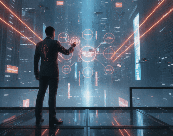 Businessman interacting with futuristic digital growth metrics in a high-tech cityscape.