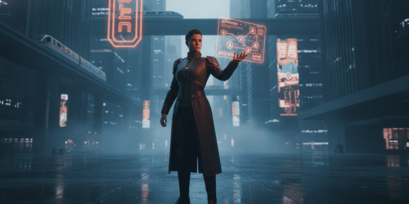 Futuristic woman using holographic interface in a high-tech cityscape.