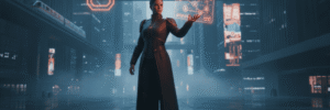 Futuristic woman using holographic interface in a high-tech cityscape.