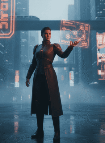 Futuristic woman using holographic interface in a high-tech cityscape.