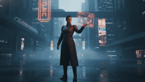 Futuristic woman using holographic interface in a high-tech cityscape.