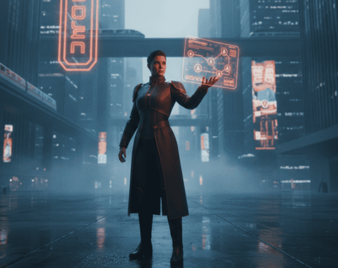 Futuristic woman using holographic interface in a high-tech cityscape.