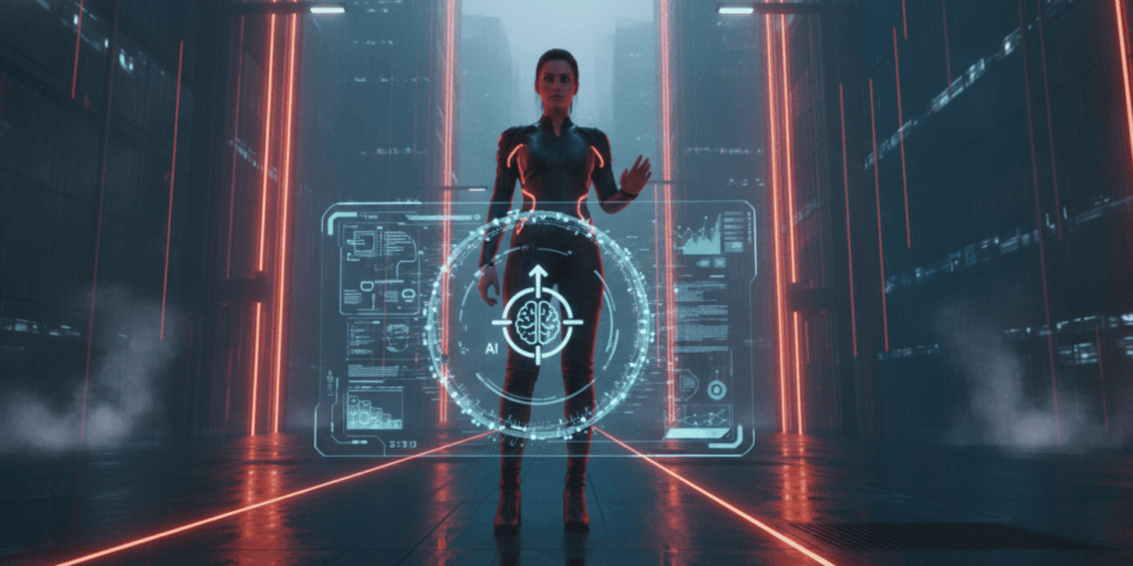 Futuristic woman interacting with AI hologram in a high-tech environment.