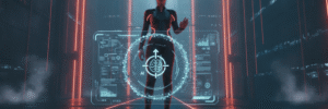 Futuristic woman interacting with AI hologram in a high-tech environment.