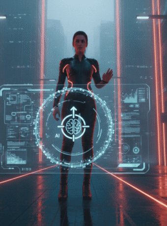 Futuristic woman interacting with AI hologram in a high-tech environment.