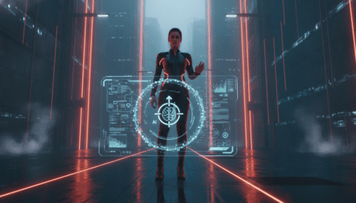 Futuristic woman interacting with AI hologram in a high-tech environment.