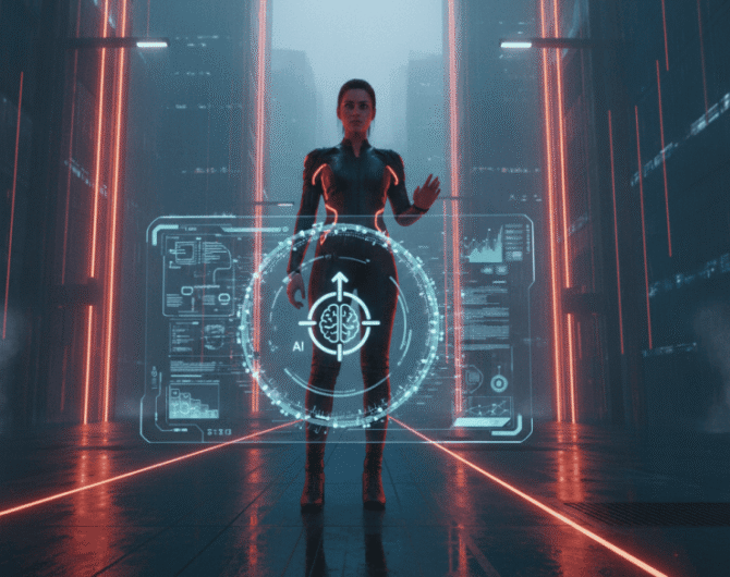 Futuristic woman interacting with AI hologram in a high-tech environment.