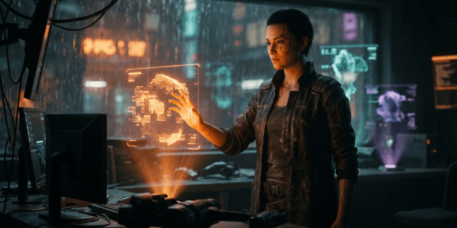 A confident small-business owner steadies one bright glowing orange holographic AI agent while faint failed projects dim behind them, tech-noir cyberpunk scene