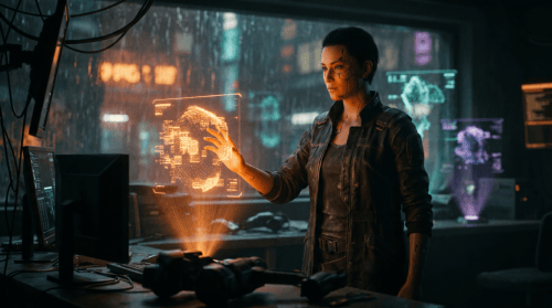 A confident small-business owner steadies one bright glowing orange holographic AI agent while faint failed projects dim behind them, tech-noir cyberpunk scene