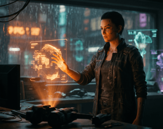 A confident small-business owner steadies one bright glowing orange holographic AI agent while faint failed projects dim behind them, tech-noir cyberpunk scene