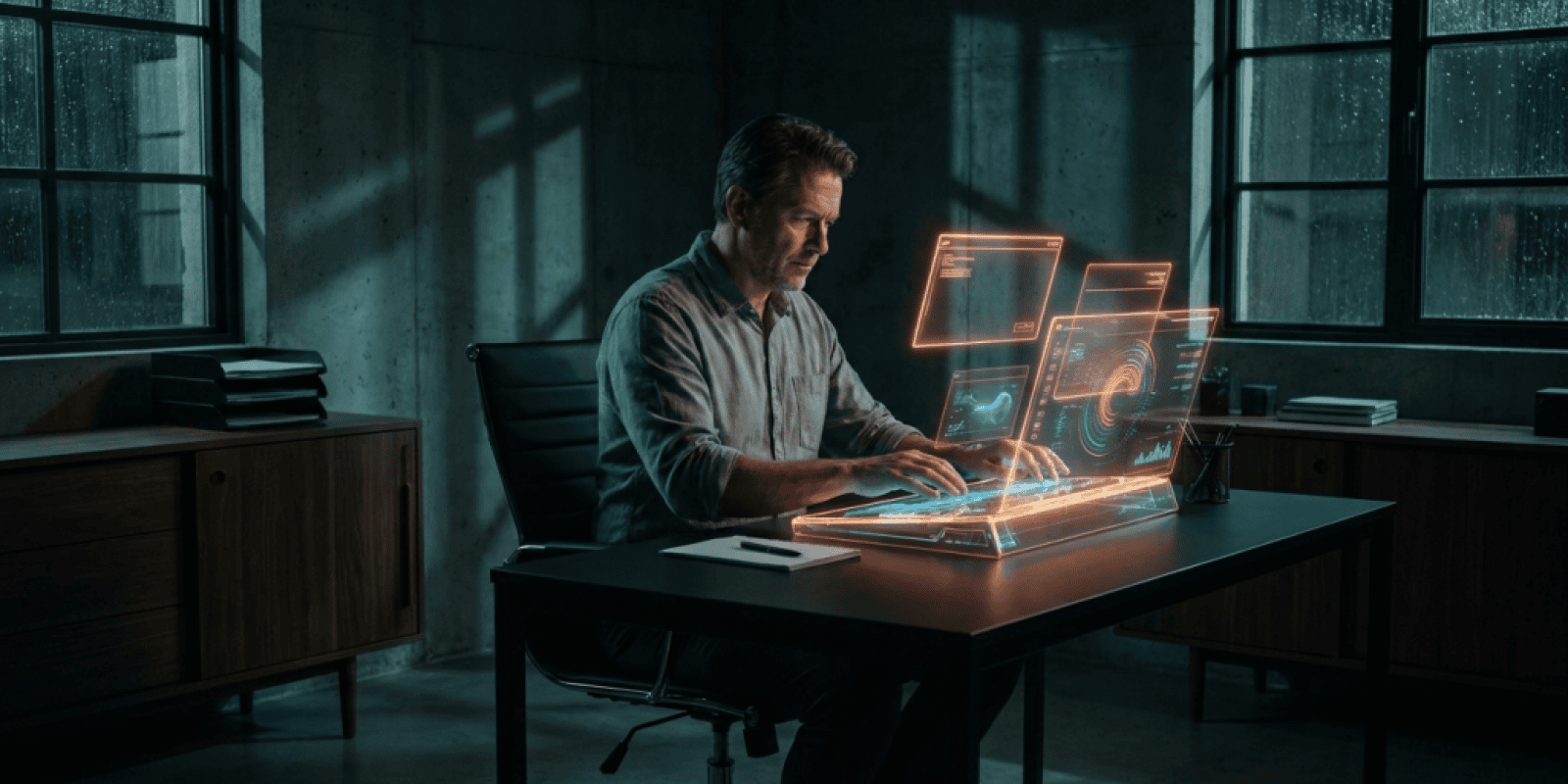 A small business owner interacts with a glowing holographic AI interface panel in a dark tech-noir office with neon orange light