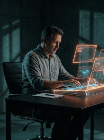 A small business owner interacts with a glowing holographic AI interface panel in a dark tech-noir office with neon orange light