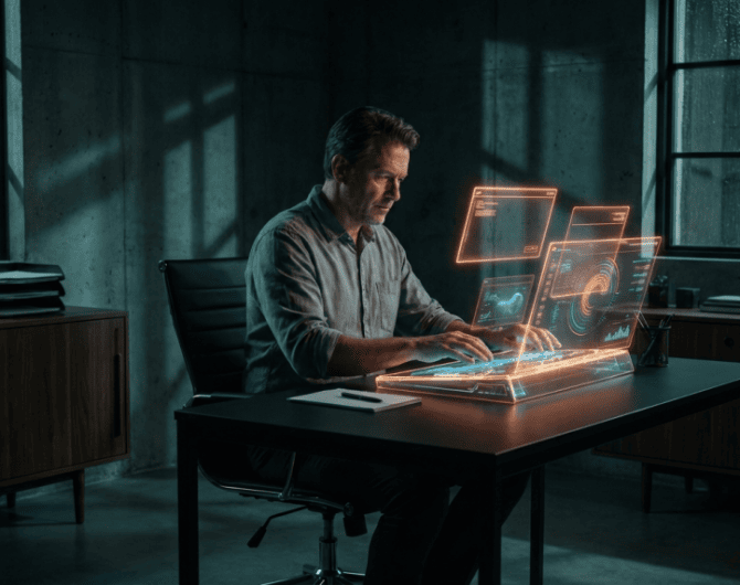 A small business owner interacts with a glowing holographic AI interface panel in a dark tech-noir office with neon orange light