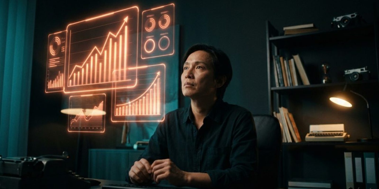 A small business owner examines glowing holographic data dashboards with upward growth charts in neon orange in a dark tech-noir office