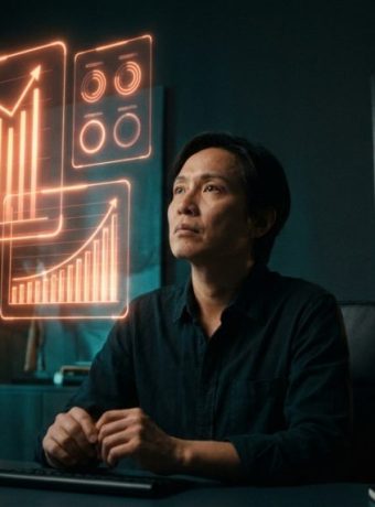 A small business owner examines glowing holographic data dashboards with upward growth charts in neon orange in a dark tech-noir office