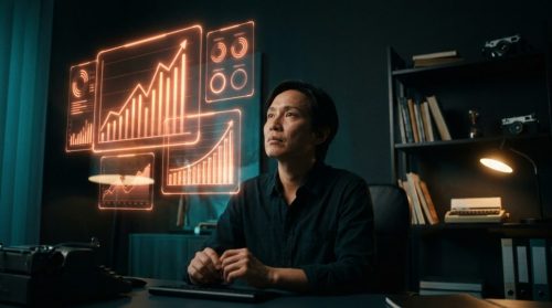 A small business owner examines glowing holographic data dashboards with upward growth charts in neon orange in a dark tech-noir office