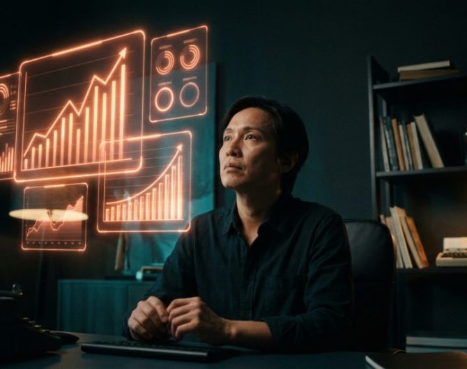 A small business owner examines glowing holographic data dashboards with upward growth charts in neon orange in a dark tech-noir office