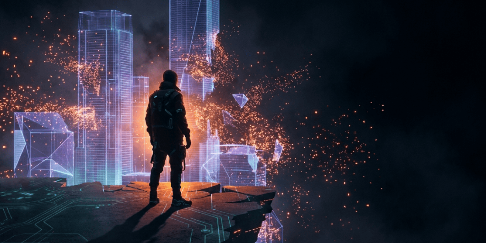 A lone figure stands at the edge of a crumbling virtual metaverse world dissolving into neon orange light particles in a dark void