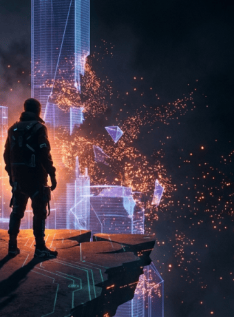 A lone figure stands at the edge of a crumbling virtual metaverse world dissolving into neon orange light particles in a dark void