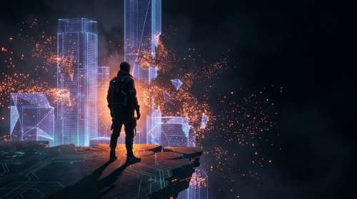 A lone figure stands at the edge of a crumbling virtual metaverse world dissolving into neon orange light particles in a dark void