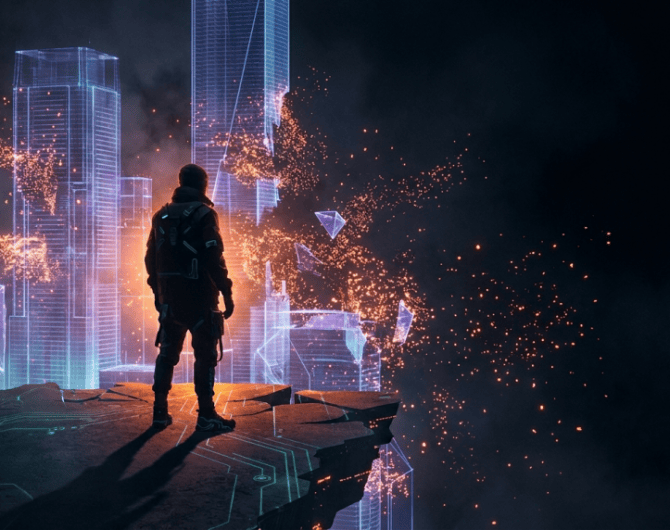 A lone figure stands at the edge of a crumbling virtual metaverse world dissolving into neon orange light particles in a dark void