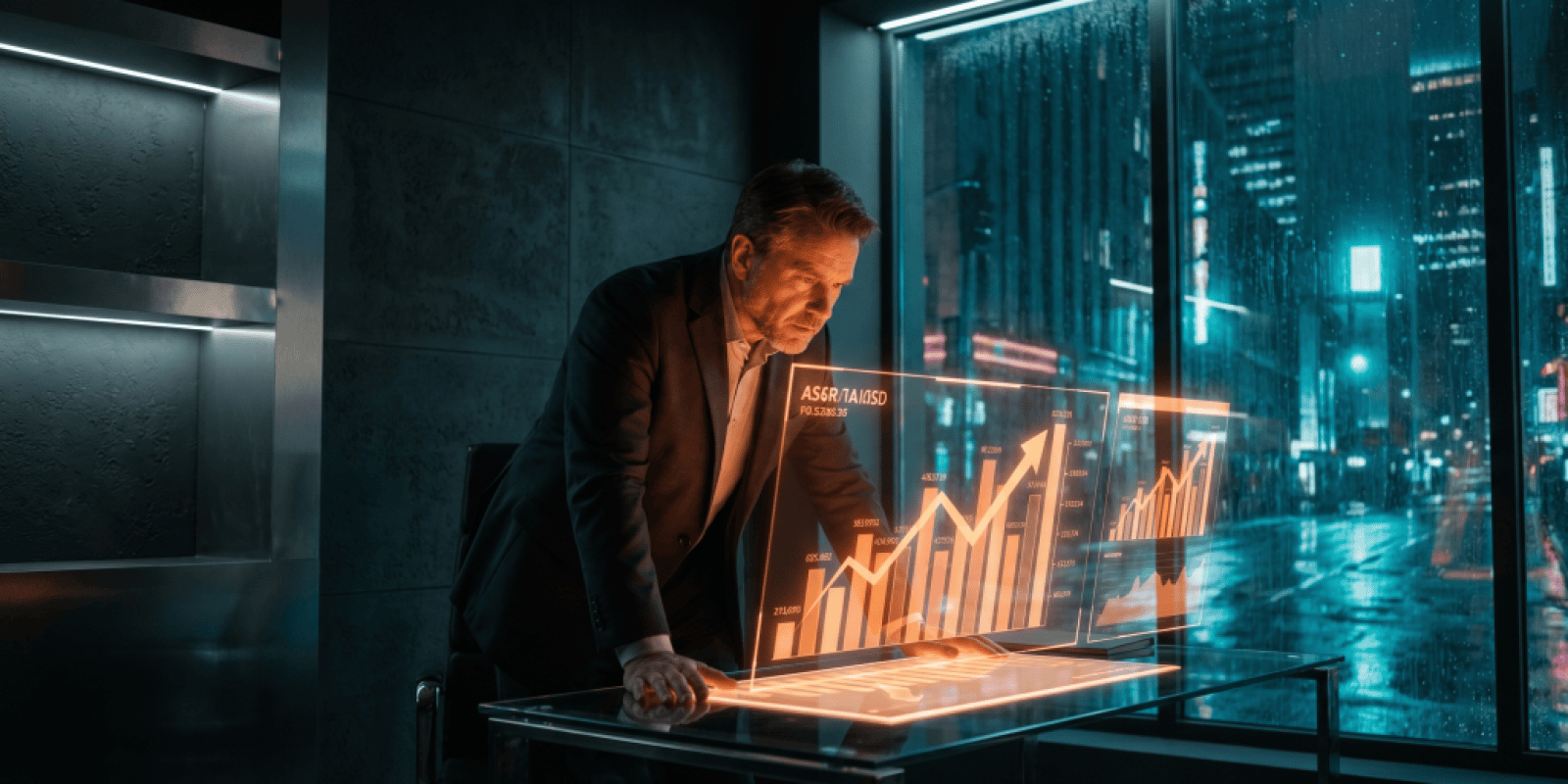 Business owner studying glowing orange AI holographic financial projections in a cyberpunk tech-noir office