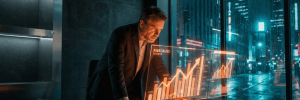 Business owner studying glowing orange AI holographic financial projections in a cyberpunk tech-noir office