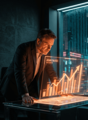 Business owner studying glowing orange AI holographic financial projections in a cyberpunk tech-noir office