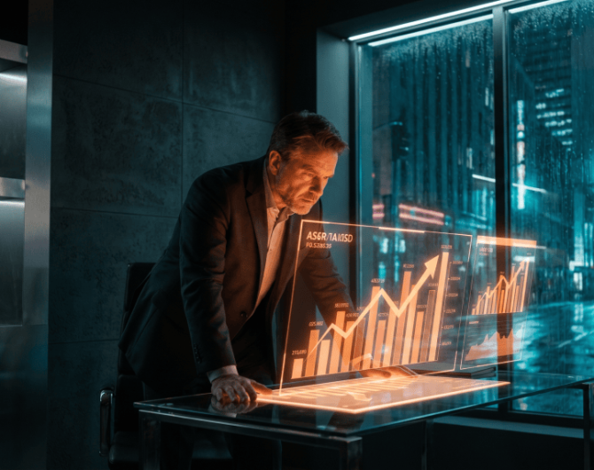 Business owner studying glowing orange AI holographic financial projections in a cyberpunk tech-noir office