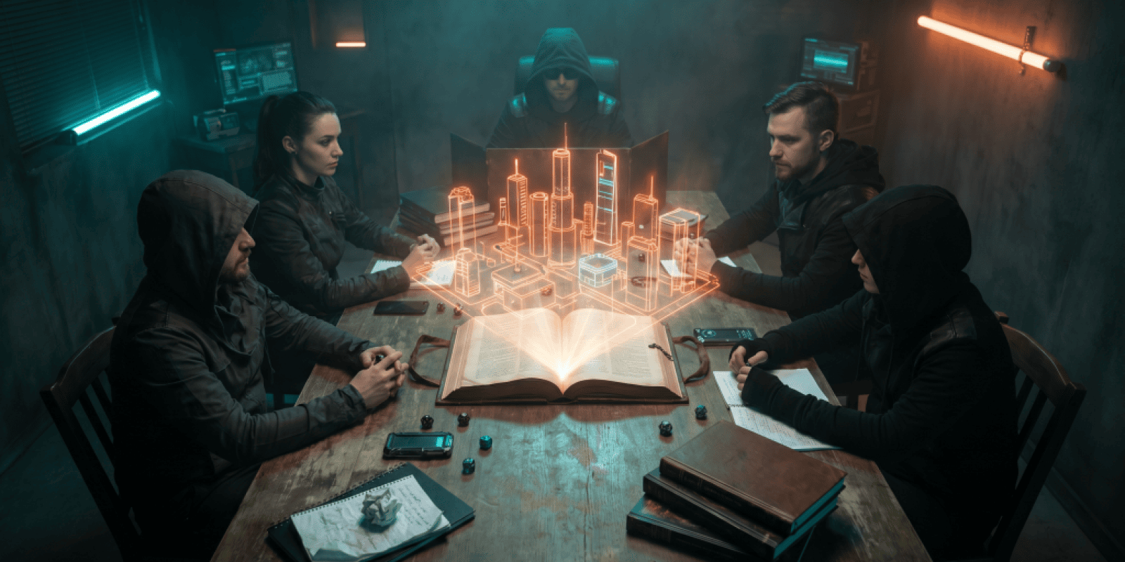 Game master and players around a table with glowing orange holographic Night City projection rising from an open Cyberpunk sourcebook