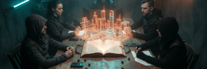 Game master and players around a table with glowing orange holographic Night City projection rising from an open Cyberpunk sourcebook