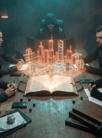 Game master and players around a table with glowing orange holographic Night City projection rising from an open Cyberpunk sourcebook