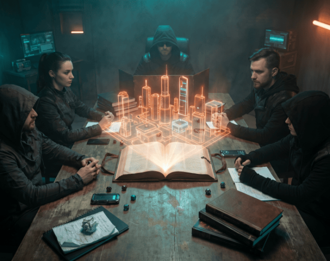 Game master and players around a table with glowing orange holographic Night City projection rising from an open Cyberpunk sourcebook
