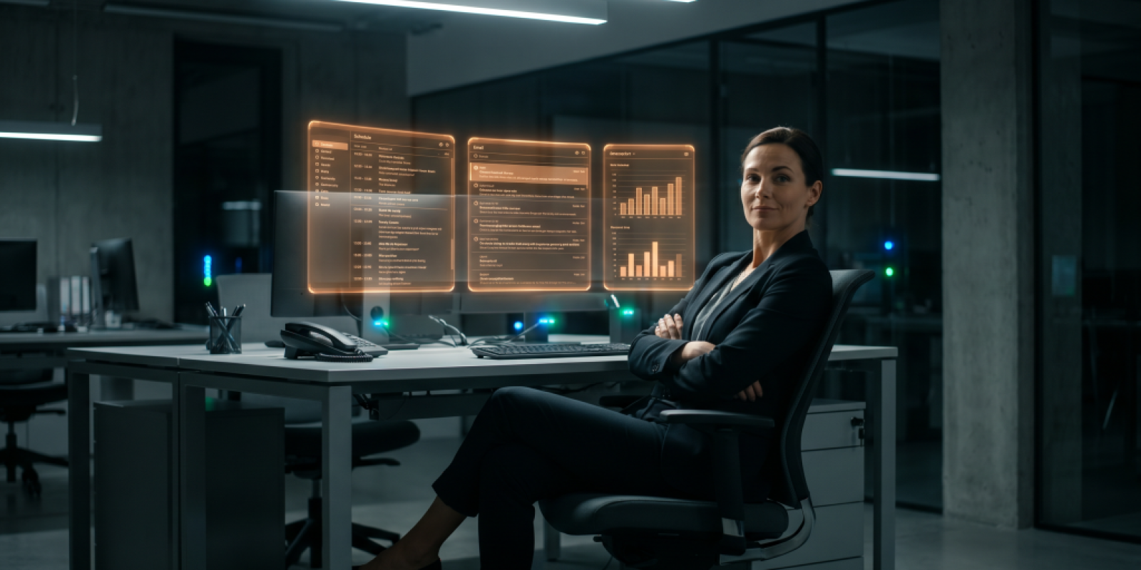 A professional woman watches as neon orange holographic AI screens manage her schedule autonomously in a tech-noir office environment