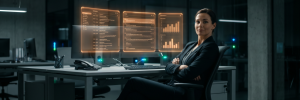 A professional woman watches as neon orange holographic AI screens manage her schedule autonomously in a tech-noir office environment